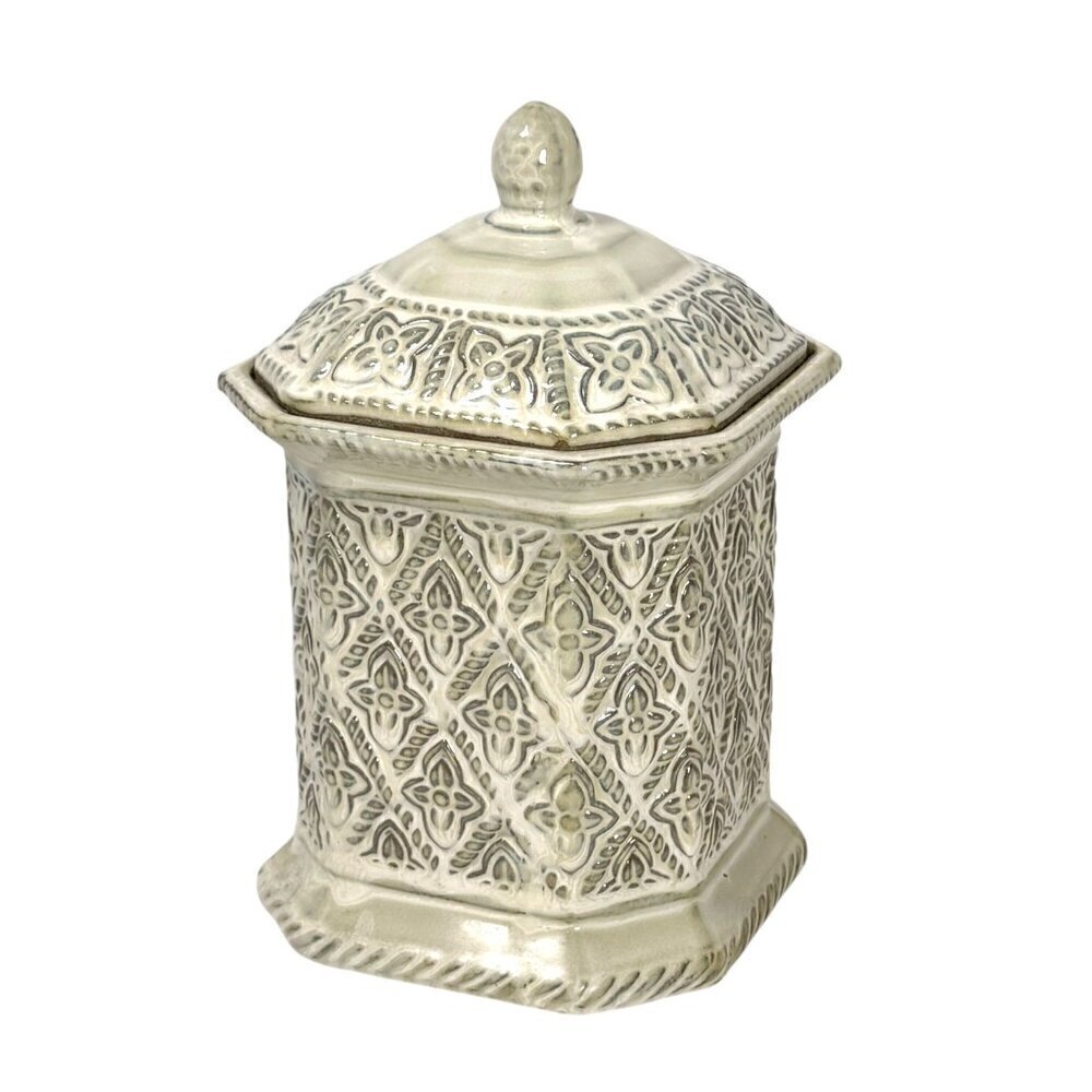 Vintage Ceramic Canister Cookie Jar Cream Kitchen Decor Floral Relief Octagonal